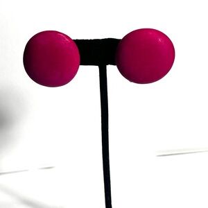 Y2K Clip On Deep Pink Round Button Earrings Vibrant Dyed Wood Retro Glam